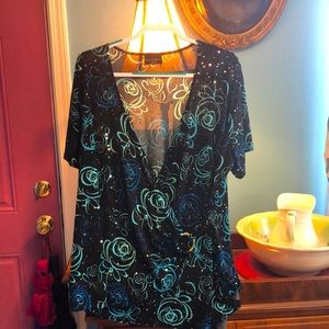 Starry Night Rose Wrap Top, in Blue Satin with Gold sequins. Brittany Black. 3X.